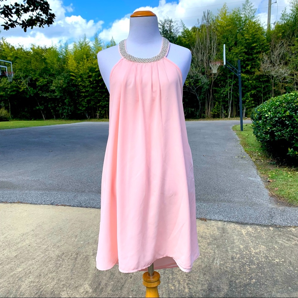 NWT TOBI Pink Pearl Beaded Neckline Pleated Lined Mini Dress Small S PROM